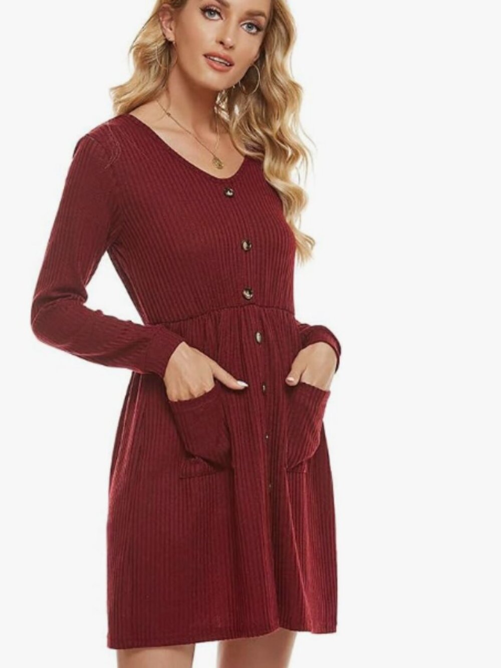 Snowyinglan women's long-sleeve ribbed button-down knit dress with pockets NWT M